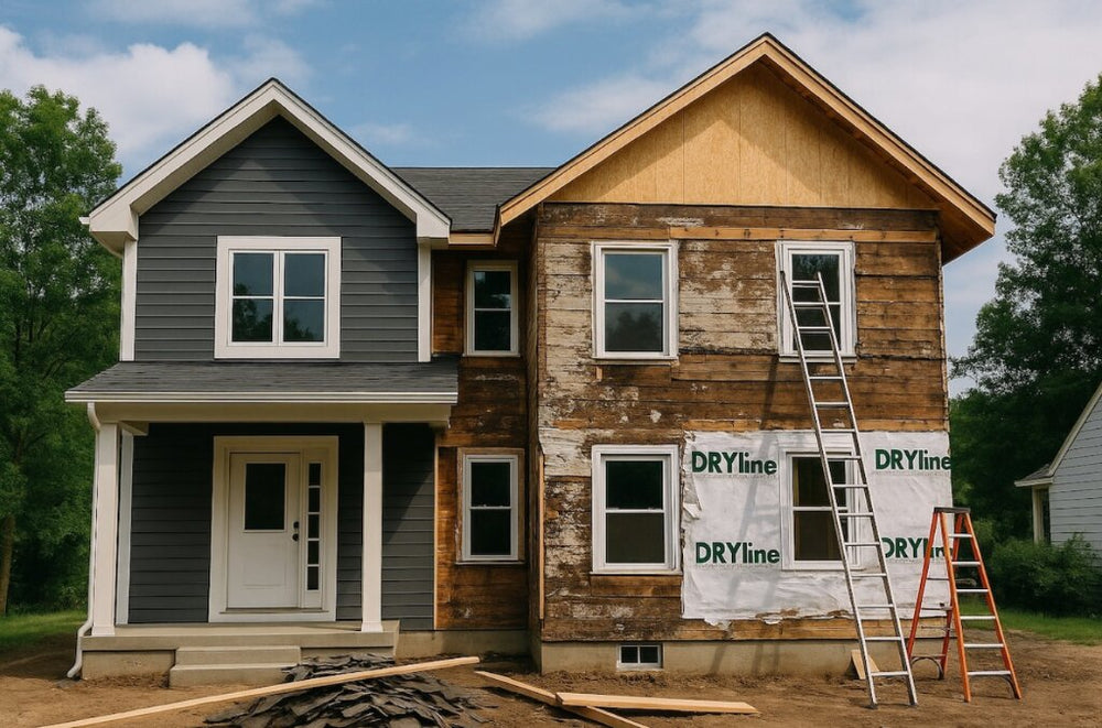Two-story house exterior renovation with new gray siding on one side, exposed wood sheathing and DRYline house wrap on the other, with ladders and construction materials in the yard.