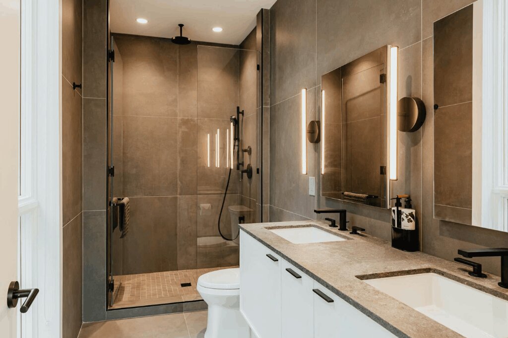 Modern bathroom with large gray tile walls, double sink white vanity, black fixtures, and a glass walk-in shower with rainfall showerhead.