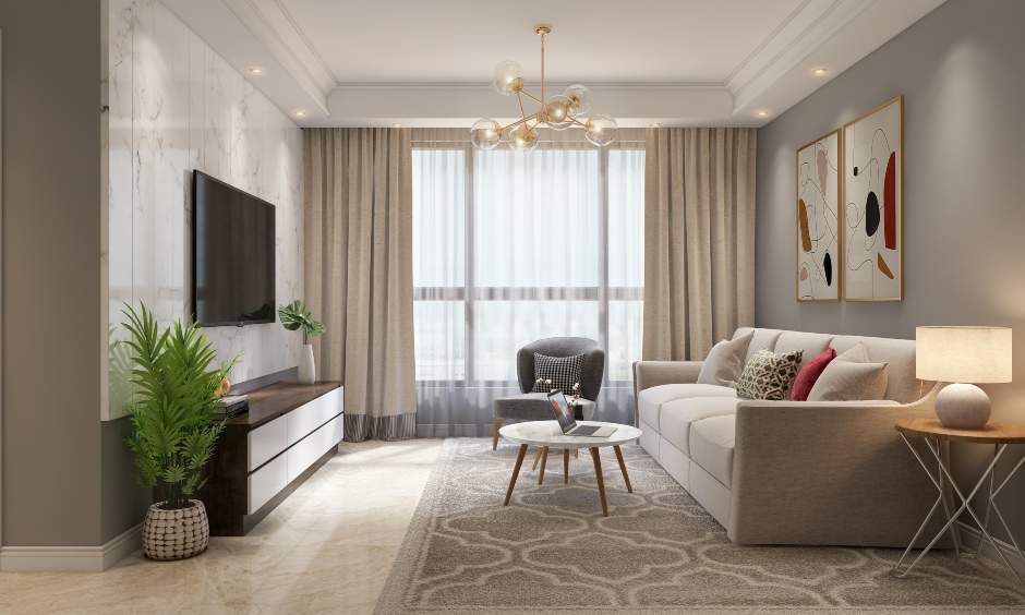 Bright modern living room with marble-look accent wall, wall-mounted TV, neutral sectional sofa, large window with curtains, and contemporary chandelier after a home renovation in Sun Prairie, WI.